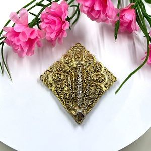 Oversized Geometric Filigree Design Gold Toned Vintage Brooch